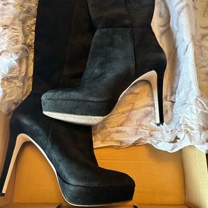 4 1/2 inch platform, lightly worn black suede to the knee boot